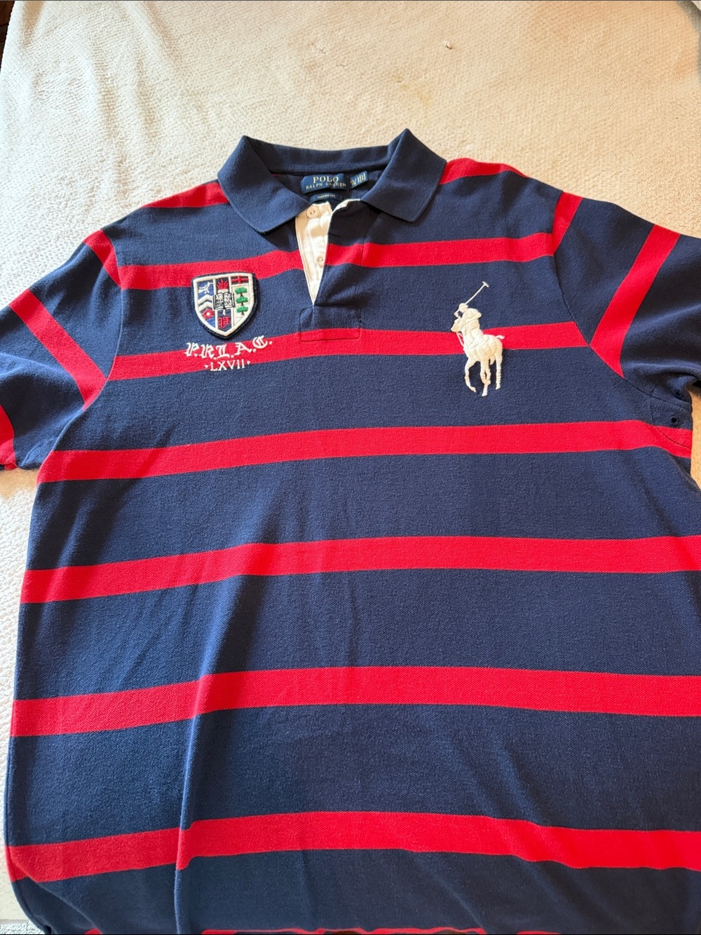 Polo by Ralph Lauren Navy and Red Striped Polo with Crest & Pony